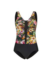 Badeanzug WITT "Badeanzug Badeanzug mit Raffung am V-Ausschnitt", Damen, Gr. 52, Cup F, bunt (schwarz, bunt, bedruckt), Elegant, Badeanz&uuml;ge Badeanzug
