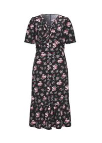 Shirtkleid SIEH AN "Jersey-Kleid Shirtkleid mit Volant am Saum", Damen, Gr. 38, Normalgr&ouml;&szlig;en, schwarz (schwarz, hortensie, gemustert), Modisch, V-Ausschnitt, Kleider Shirtkleid, mit geknotetem Ausschnitt