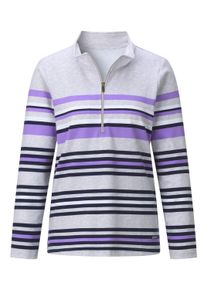 T-Shirt WITT "Stehkragen-Shirt Poloshirt mit platziertem Ringelmuster", Damen, Gr. 40, lila (hellgrau, lavendel, geringelt), Sportlich, Shirts T-Shirt