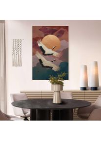 Wandbild REINDERS "Fliegende Kraniche", farbe bild(er): rot, Bilder, B/H/T: 90cm x 60cm x 3cm, Tiere, 1 Stk., MDF, Wandbild, Wohnzimmer - Rot - MDF - Tiere - 90x60 cm, B:90cm H:60cm T:3cm