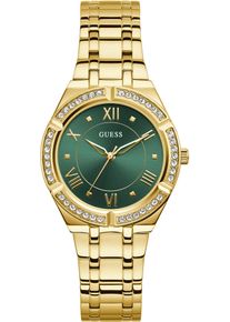 Quarzuhr Guess "COSMO", gold (goldfarben, dunkelgr&uuml;n, dunkelgr&uuml;n), Armbanduhren, Damen, goldfarben, Quarzuhr, Armbanduhr, Damenuhr, analog, Kristallsteine, Edelstahlarmband