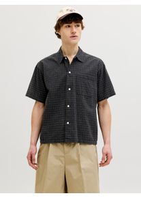 Jack & Jones Kurzarmhemd JACK & JONES "JORRIVIERA LINEN BLEND SHIRT SS LN", Herren, Gr. XL, N-Gr, schwarz-wei&szlig; (schwarz checks:checks), Web, Obermaterial: 70% Baumwolle, 30% Leinen, kariert, regular fit normal, ohne Ausschnitt, Hemden Kurzarmhemd, Baumwollmischung, regular fit