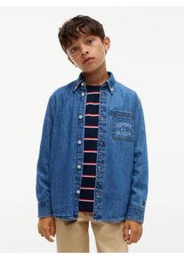 Jeanshemd Tommy Hilfiger, Jungen, Gr. 5 (110), N-Gr, blau (denim medium 02), Denim/Jeans, Obermaterial: 100% Baumwolle, unifarben, regular fit normal, Rundhals, 1-Knopf-Manschette mit Schlitz, Hemden Jeanshemd, Button-down-Kragen, Regular Fit, Brusttasche, Kinder bis 16 Jahre