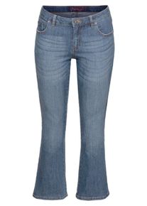 5-Pocket-Jeans sheego "Bootcut-Jeans Bootcut-Jeans mit Used-Effekten", Damen, Gr. 58, Normalgr&ouml;&szlig;en, blau (blau denim), Modisch, bootcut fit, Jeans 5-Pocket-Jeans, in 5-Pocket-Form, mit Used-Effekten