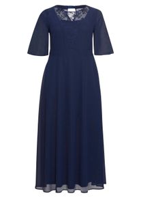 Maxikleid sheego "Abendkleid Abendkleid aus Chiffon, mit Spitzen-Einsatz", Damen, Gr. 46, N-Gr, blau (marine), Elegant, Rundhals, Kleider Maxikleid, aus Chiffon, mit Spitzen-Einsatz