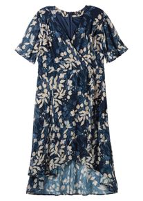 Sommerkleid sheego "Abendkleid Chiffonkleid in Wickeloptik, mit Bl&auml;tterprint", Damen, Gr. 52, Normalgr&ouml;&szlig;en, blau (nachtblau, gemustert), Elegant, V-Ausschnitt, Kleider Sommerkleid, aus Chiffon, in Wickeloptik