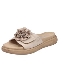 Pantolette Rieker, Damen, Gr. 37, Textil, beige (hellbeige), Nubuklederimitat, Textil, unifarben, Schuhe Pantolette, Sommerschuh, Hausschuh, Strandschuh mit bequemem Fu&szlig;bett