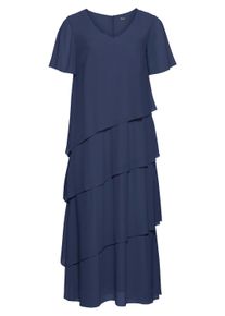 Jerseykleid sheego "Abendkleid Cocktailkleid im Lagenlook, mit Volants", Damen, Gr. 44, N-Gr, blau (marine), Elegant, V-Ausschnitt, Kleider Jerseykleid, in Maxi-L&auml;nge