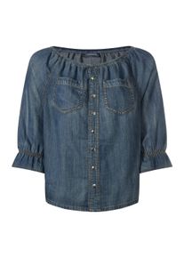 Schlupfbluse Heine "Bluse Jeansbluse mit Carmenausschnitt", Damen, Gr. 38, blau, bleached, Denim/Jeans, , Casual, Carmenausschnitt, Blusen Schlupfbluse