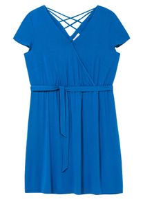 Sommerkleid sheego "Jerseykleid Jerseykleid mit R&uuml;ckenausschnitt", Damen, Gr. 48, N-Gr, blau (kobaltblau), Modisch, V-Ausschnitt, Kleider Sommerkleid, in Wickeloptik mit raffiniertem R&uuml;ckenausschnitt