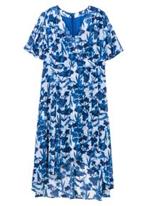 Sommerkleid sheego "Abendkleid Chiffonkleid in Wickeloptik, mit Bl&auml;tterprint", Damen, Gr. 46, Normalgr&ouml;&szlig;en, blau (kobalt, gemustert), Elegant, V-Ausschnitt, Kleider Sommerkleid, aus Chiffon, in Wickeloptik