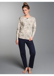Schlafanzug TRIGEMA "TRIGEMA Pyjama mit floralem Allover-Print", Damen, Gr. L, Single Jersey, blau (natur), Single Jersey, 100% Baumwolle, Homewear-Sets Schlafanzug