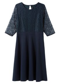 Cocktailkleid sheego "Abendkleid Cocktailkleid mit Spitze", Damen, Gr. 46, N-Gr, blau (nachtblau), Elegant, Rundhals, Kleider Cocktailkleid, mit floraler Spitze und Chiffon-&Auml;rmeln