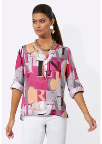 CR&Eacute;ATION L Klassische Bluse CREATION L "Modal-Bluse Schlupfbluse mit Krempel&auml;rmel", Damen, Gr. 46, bunt (fuchsia, hellgrau, bedruckt), Satin, , Modisch, V-Ausschnitt, Blusen Klassische Bluse