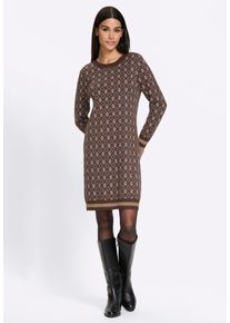 Strickkleid Heine "Strickkleid Strickkleid mit Rauten-Dessin", Damen, Gr. 38, Normalgr&ouml;&szlig;en, braun (schoko, rauchblau, gemustert), Modisch, Rundhals, Kleider Strickkleid