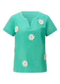 Schlupfbluse WITT "Bluse Schlupfbluse mit Bl&uuml;ten-Applikation", Damen, Gr. 38, gr&uuml;n (blaugr&uuml;n), Modisch, V-Ausschnitt, Blusen Schlupfbluse