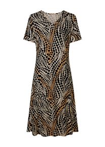 Shirtkleid SIEH AN "Jersey-Kleid Jerseykleid im Punkte-Dessin", Damen, Gr. 54, Normalgr&ouml;&szlig;en, braun (elfenbein, schwarz, bedruckt), Elegant, V-Ausschnitt, Kleider Shirtkleid