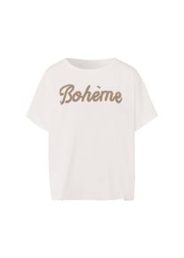 T-Shirt Heine "Shirt T-Shirt mit Stickerei-Schriftzug", Damen, Gr. 44, ecru, Casual, Rundhals, Shirts T-Shirt