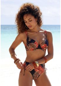 B&uuml;gel-Bikini Lascana "Leaf", Damen, Gr. 46, Cup D, schwarz (schwarz, bedruckt), Recycling-Polyamid, bedruckt, Bikini-Sets B&uuml;gel-Bikini, mit plakativem Bl&auml;tter-Print