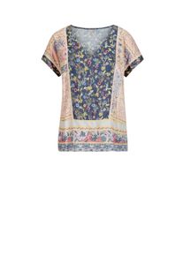 Schlupfbluse Heine "Druckbluse Druckbluse mit Spitzeneins&auml;tzen", Damen, Gr. 38, jeansblau, hellros&eacute;, bedruckt, Web, Stoff, , Modisch, V-Ausschnitt, Blusen Schlupfbluse