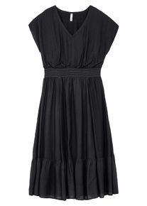 Maxikleid sheego "Maxikleid Maxikleid mit Smokbund und Volant am Saum", Damen, Gr. 50, Normalgr&ouml;&szlig;en, schwarz, Modisch, V-Ausschnitt, Kleider Maxikleid, mit Smokbund und Volant am Saum