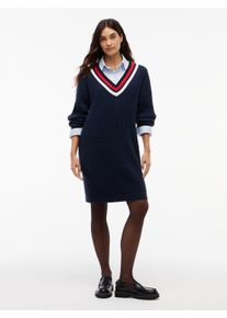 Strickkleid Tommy Jeans "TJW CABLE RWB SWEATER DRESS EXT", Damen, Gr. 3X (54), N-Gr, Langarm, Jersey, blau (dunkelblau), Jersey, Obermaterial: 100% Baumwolle, unifarben mit Farbeinsatz, tiefer V-Ausschnitt, gerader Abschluss, Kleider Strickkleid, Baumwolle, mit Zopfmuster
