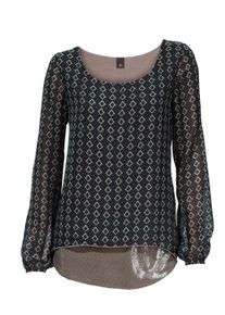 Klassische Bluse Heine "Druck-Tunika Blusenshirt in 2-in-1-Optik", Damen, Gr. 40, schwarz (petrol, taupe), Modisch, Rundhals, Blusen Klassische Bluse