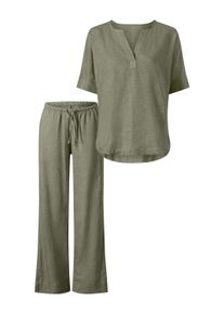 Business-Kost&uuml;m Heine "Bluse + Hose Hosenanzug mit Leinen", Damen, Gr. 48, gr&uuml;n (khaki), Modisch, Kost&uuml;me Business-Kost&uuml;m