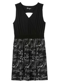 Strandkleid sheego "Jerseykleid Jerseykleid mit bedrucktem Rock", Damen, Gr. 50, N-Gr, schwarz-wei&szlig; (schwarz, gemustert), Modisch, V-Ausschnitt, Kleider Strandkleid, in Wickeloptik, mit Cut-out hinten