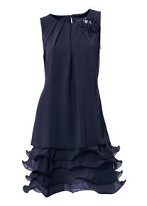 Latzkleid Heine "Cocktailkleid Cocktailkleid mit R&uuml;schen am Saum", Damen, Gr. 42, N-Gr, blau (nachtblau), Elegant, Rundhals, Kleider Latzkleid