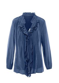 R&uuml;schenbluse Heine "Bluse Volantbluse mit mattem Glanz", Damen, Gr. 42, blau (jeansblau), Web, Stoff, , Modisch, V-Ausschnitt, Blusen R&uuml;schenbluse