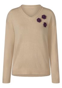 Strickpullover SIEH AN "Strickpullover V-Ausschnitt-Pullover", Damen, Gr. 48, beige (sand, traube), Strick, , Modisch, V-Ausschnitt, Pullover Strickpullover