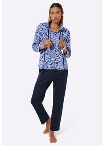 Hausanzug Hajo "Hausanzug Hausanzug aus Klimafaser", Damen, Gr. 48/50, blau (marine, eisblau, bedruckt), Modisch, Homewear-Sets Hausanzug