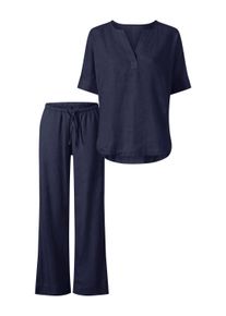 Business-Kost&uuml;m Heine "Bluse + Hose Hosenanzug mit Leinen", Damen, Gr. 46, blau (marine), Modisch, Kost&uuml;me Business-Kost&uuml;m