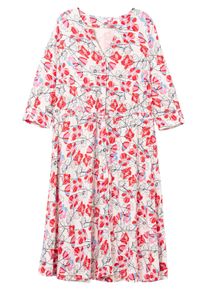 Sommerkleid sheego "Kleid Blumenkleid mit Bindeband", Damen, Gr. 52, Normalgr&ouml;&szlig;en, rot (ros&eacute;, gemustert), Elegant, V-Ausschnitt, Kleider Sommerkleid, mit Bl&uuml;tenprint und Taillen-Tunnelzug