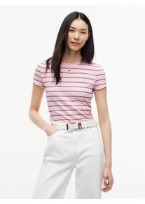 Kurzarmshirt Tommy Jeans "TJW SLIM ESSENTIAL RIB SS EXT", Damen, Gr. 2X (50/52), pink (pink sugar, stripe), Single Jersey, Obermaterial: 95% Baumwolle, 5% Elasthan, gestreift, slim fit kurz, Rundhals, abgesteppt, Shirts Kurzarmshirt, mit gerippter Struktur