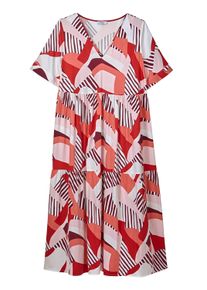Sommerkleid sheego "Kleid A-Linien-Kleid mit Grafikprint", Damen, Gr. 52, Normalgr&ouml;&szlig;en, bunt (erdbeere, koralle, bedruckt), Modisch, V-Ausschnitt, Kleider Sommerkleid