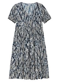 Sommerkleid sheego by Joe Browns "Kleid Maxikleid mit Grafikprint und Volantsaum", Damen, Gr. 50, N-Gr, blau (blaubeere, gemustert), Modisch, V-Ausschnitt, Kleider Sommerkleid, mit Grafikprint und Volantsaum
