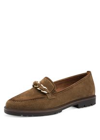 Slipper Tamaris, Damen, Gr. 37, Synthetik Textil, braun (camel), Veloursleder, unifarben, Schuhe Slipper, Loafer, Schlupfschuh, Halbschuh mit modischer Zierkette