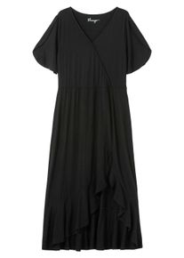Strandkleid sheego "Jerseykleid Jerseykleid in Wickeloptik, mit Volantrock", Damen, Gr. 54, N-Gr, schwarz, Modisch, V-Ausschnitt, Kleider Strandkleid, in Wickeloptik, mit Volantrock