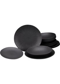 Tafelservice Creatable "Teller Set, Geschirr-Set Vesuvio", schwarz, 12 Stk., Steinzeug, Geschirr-Sets, Tafelservice, Service, schwarz, ausdrucksstarkes Relief, 12 Teile, f&uuml;r 4 Personen