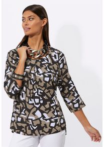 CR&Eacute;ATION L Klassische Bluse CREATION L "Bluse Druckbluse mit Falten am Ausschnitt", Damen, Gr. 38, braun (beige, schwarz, bedruckt), Web, Stoff, , Modisch, Rundhals, Blusen Klassische Bluse