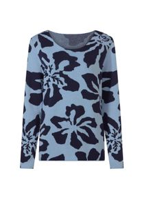 Strickpullover Heine "Pullover Jacquard-Pullover mit Bl&uuml;ten-Dessin", Damen, Gr. 40, blau (eisblau, marine, gemustert), Jacquard, , Elegant, Rundhals, Pullover Strickpullover