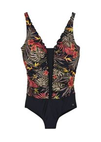 Badeanzug sheego "Badeanzug Badeanzug mit tropischem Print", Damen, Gr. 48, Cup B, bunt (schwarz, burgund, bedruckt), Elegant, Badeanz&uuml;ge Badeanzug