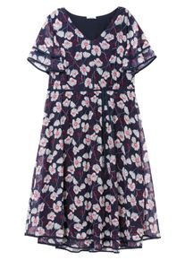 Sommerkleid sheego "Kleid Blumenkleid aus Chiffon", Damen, Gr. 44, Normalgr&ouml;&szlig;en, blau (marine, gemustert), Elegant, V-Ausschnitt, Kleider Sommerkleid, mit Blumendruck und Fl&uuml;gel&auml;rmeln