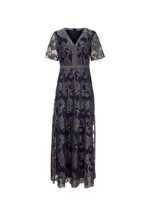 Jerseykleid Heine "Abendkleid Abendkleid mit gl&auml;nzender Bl&uuml;tenstickerei", Damen, Gr. 34, Normalgr&ouml;&szlig;en, blau (marine), Elegant, V-Ausschnitt, Kleider Jerseykleid