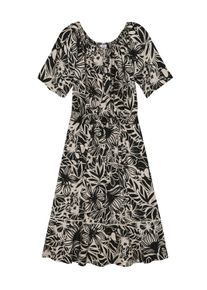 Shirtkleid sheego "Maxikleid Maxikleid mit floralem Alloverdruck", Damen, Gr. 56, N-Gr, schwarz-wei&szlig; (schwarz, sand, bedruckt), Elegant, Carmenausschnitt, Kleider Shirtkleid