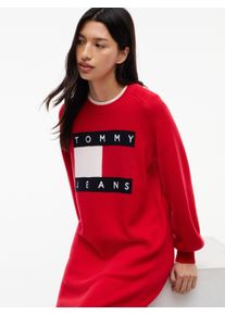 Sweatkleid Tommy Jeans "TJW SWEATER FLAG DRESS EXT", Damen, Gr. M (40), N-Gr, Langarm, Sweatware, rot (lavish rot), Sweatware, Obermaterial: 90% Baumwolle, 10% Wolle, bedruckt, Rundhals, B&uuml;ndchen, Kleider Sweatkleid, Baumwollmischung