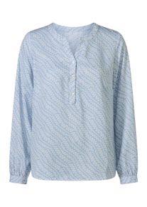 Shirtbluse Heine "Druckbluse Schlupfbluse in Kofferware", Damen, Gr. 50, blau (eisblau, ecru, bedruckt), Crepe, , Modisch, Rundhals, Blusen Shirtbluse