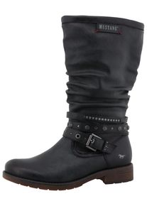 Winterstiefel Mustang Shoes "Elfi", Damen, Gr. 38, w&auml;rmend, Normalschaft, blau (navy), Lederimitat, Basic, Schuhe Winterstiefel, Stiefel mit Zierriemchen und Blockabsatz